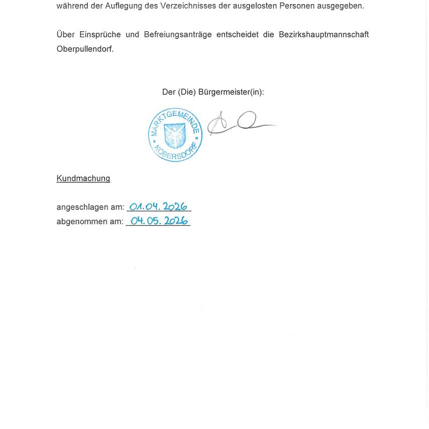 The document shows a notice of registration of a released person during the inspection of the registry. The district administration decides on objections and release requests. The notice is signed by the (district) mayor. Registration date: April 4, 2026. Collection date: April 5, 2026.