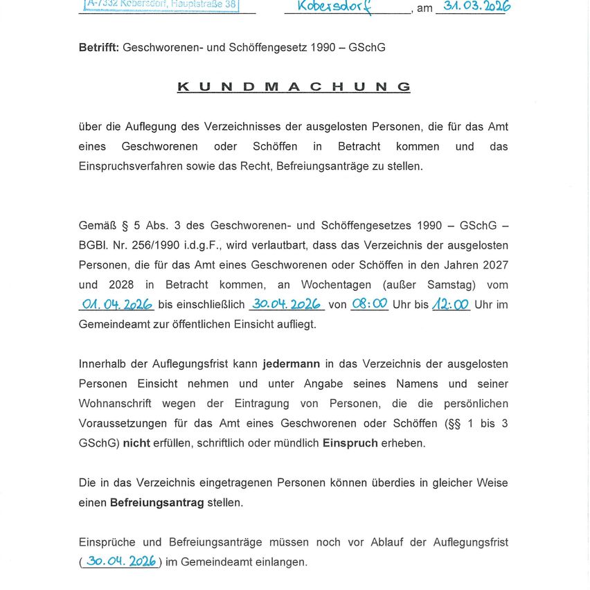 The notice concerns the presentation of the list of dismissed persons under consideration for the office of an oath or pledge, as well as the right to lodge complaints.