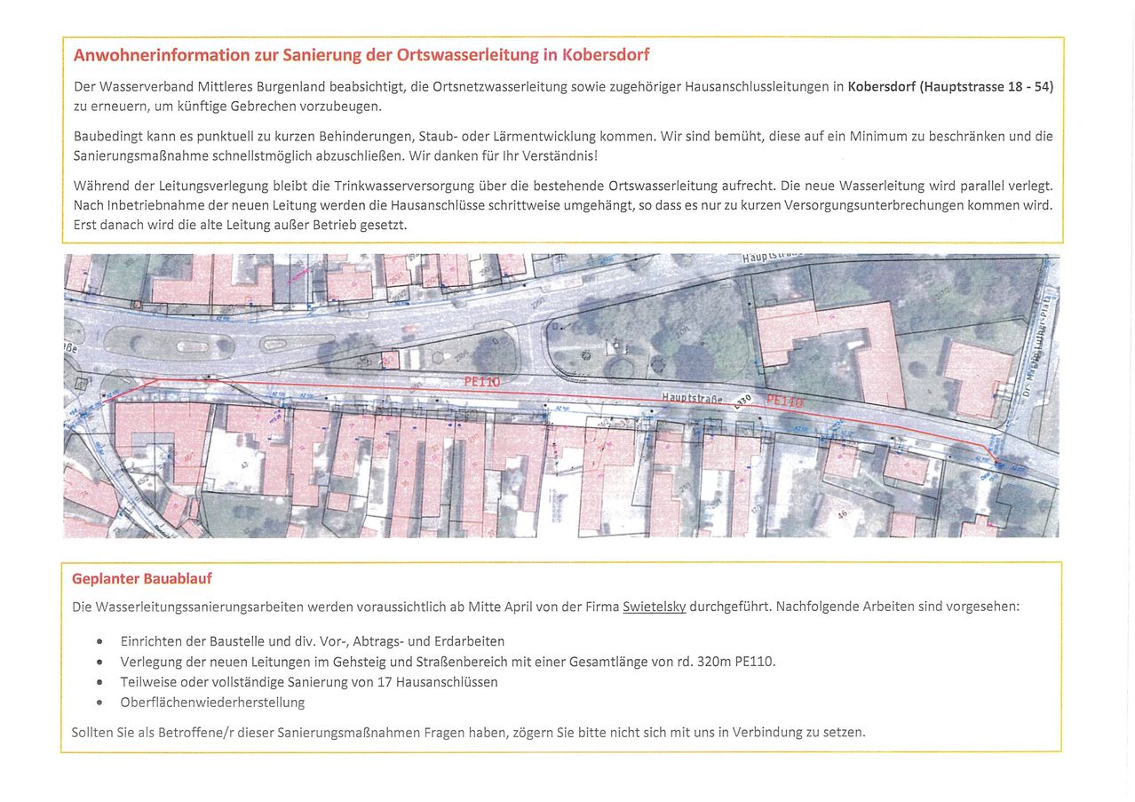 Information on the sanitary maintenance of the local water supply in Kobersdorf. Middleburg plans to maintain local water pipes and household connections in Kobersdorf. Temporary disruptions may occur. We aim to minimize them. Thank you for your understanding!