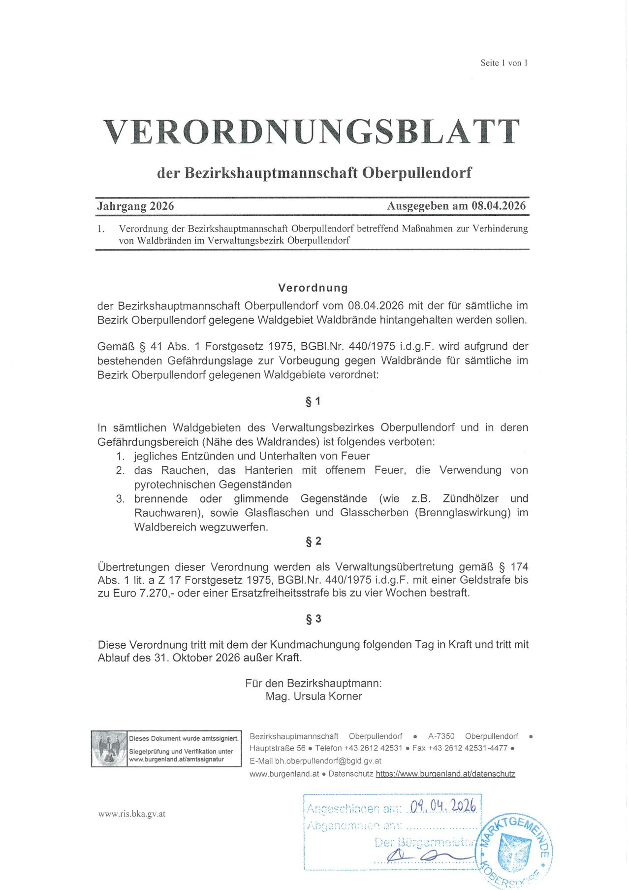 The document titled 'Verordnungsblatt' from 2026 issued on 08.04.2026 by the district court of Oberpullendorf includes a regulation concerning measures to prevent wildfires in Oberpullendorf's administrative district. The regulation is effective from 08.04.2026.