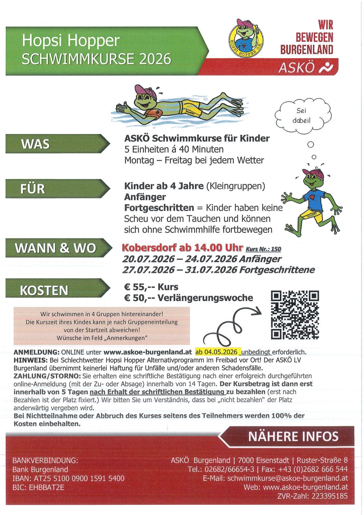 Schwimmkurs für Kinder. 5 Einheiten, 40 Minuten. Anfänger und Fortgeschrittene. 20.-24.07.2026 und 27.-31.07.2026. €55 regulär, €50 für Geschwister. Online-Anmeldung erforderlich. Hopper-Alternative am 4.07.2026.