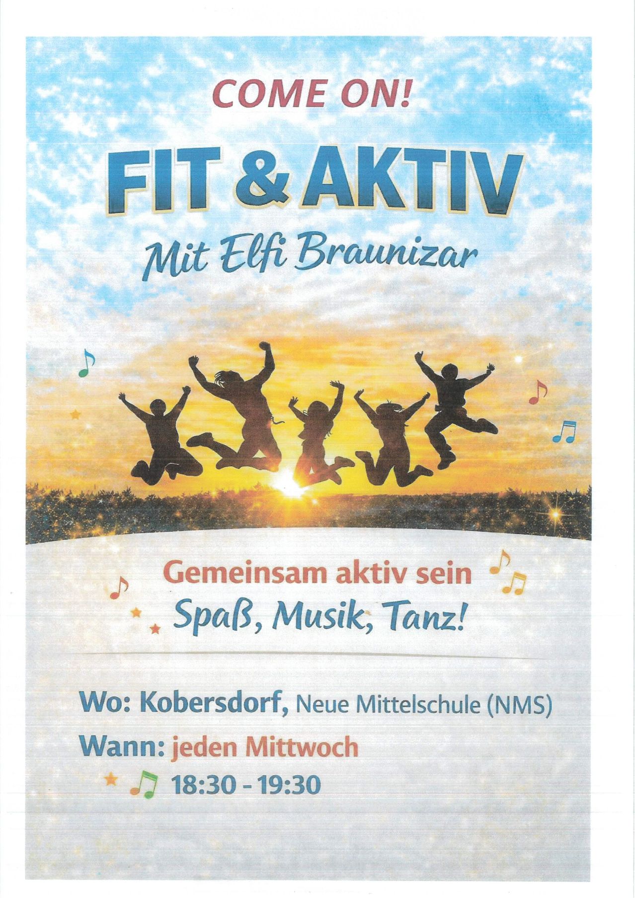 An advertisement for 'Fit & Aktiv' featuring silhouettes jumping with musical notes. It promotes a fitness, music, and dance session led by Elfi Braunizar, held every Wednesday at Koebersdorf's Neue Mittelschule.