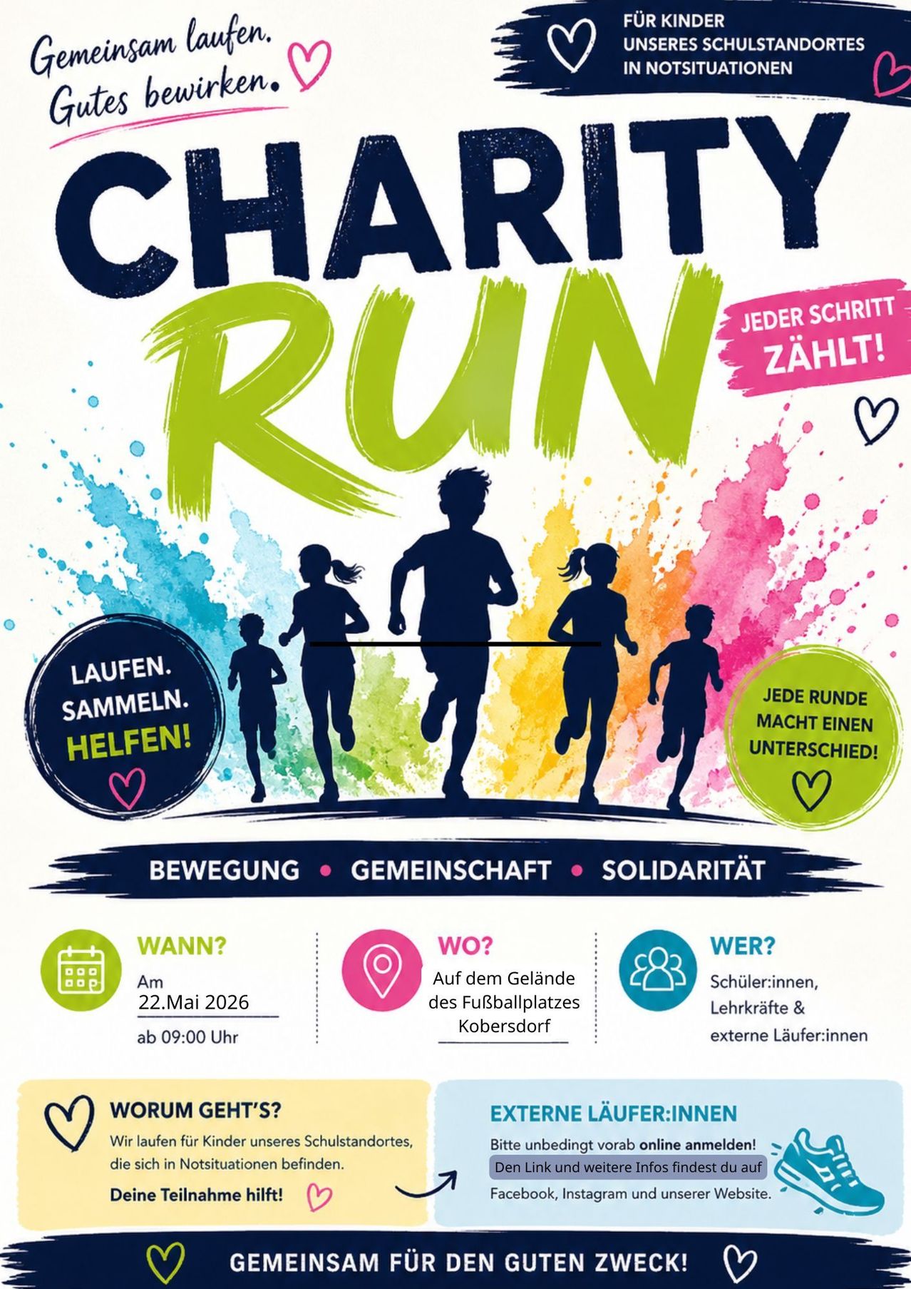 Poster for a charity run. Silhouettes of runners and the text Charity Run. Scheduled for May 22, 2026, starting at 09:00 on the football field.