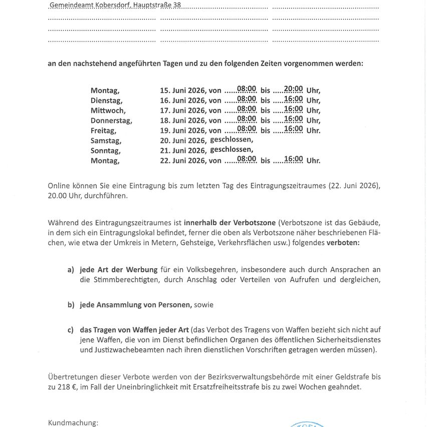Das Dokument listet Zeiten für verschiedene Aktivitäten an bestimmten Tagen auf, mit einer Frist für die Anmeldung bis zum 22. Juni. Es enthält auch einen Hinweis auf verbotene Aktivitäten innerhalb eines bestimmten Bereichs und legt fest, dass jegliche Werbung oder Versammlung von Personen untersagt ist. Das Dokument beschreibt die Strafen für Verstöße.