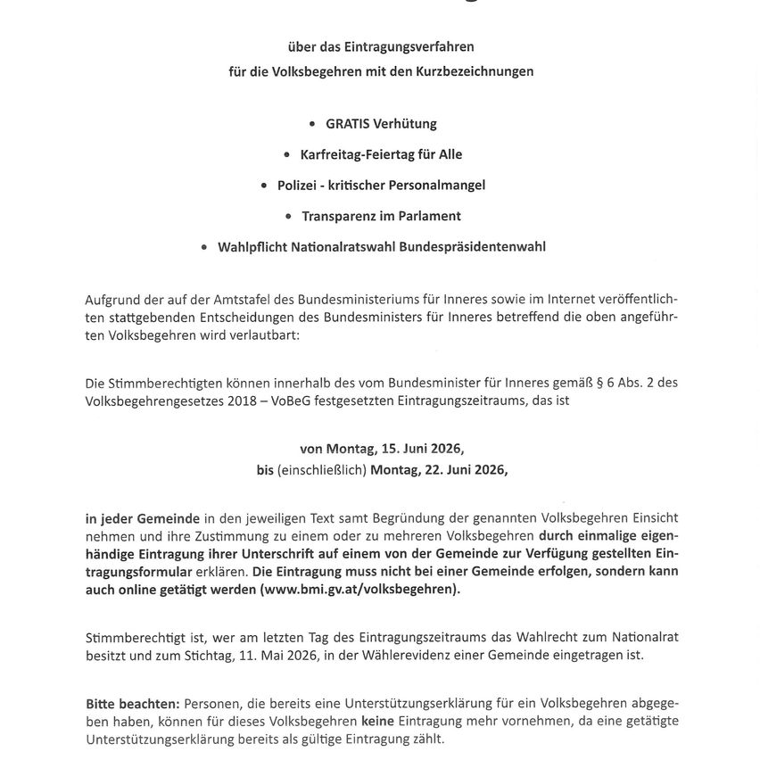 Eine Liste von Themen zur Wählerregistrierung wird präsentiert, einschließlich kostenloser Transport, autofreie Feiertage, Polizei- und kritischer Personalmangel, Transparenz im Parlament und die Nationalratswahl des Bundespräsidenten. Die Wählerregistrierungsphase ist vom 15. Juni 2026 bis zum 22. Juni 2026.