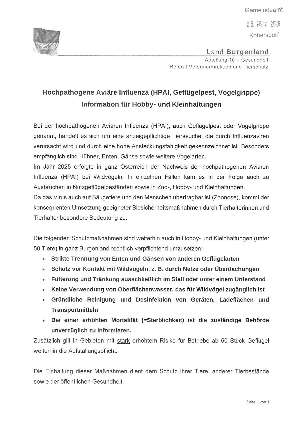 Bei der hochpathogenen Aviären Influenza (HPAI), auch Geflügelpest oder Vogelgrippe genannt, handelt es sich um eine anzeigepflichtige Tierseuche, die durch Influenzaviren verursacht wird und durch eine hohe Ansteckungsfähigkeit gekennzeichnet ist. Besonders empfohlen sind Hühner, Enten, Gänse sowie weitere Vogelarten. Im Jahr 2025 erfolgte in ganz Österreich der Nachweis der hochpathogenen Aviären Influenza (HPAI) bei Wildvögeln. In einzelnen Fällen kam es in der Folge auch zu Ausbrüchen in Nutzgeflügelbeständen sowie in Zoo-, Hobby- und Kleinhaltungen.