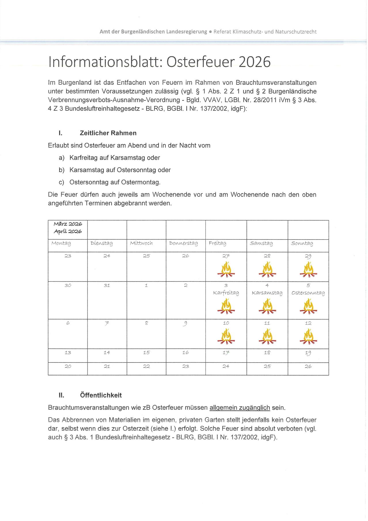 Das Bild zeigt einen Zeitplan für Osterfeuer in Burgenland, Österreich. Es enthält Datum und Uhrzeit für Feuer am Ostersonntag, Ostermontag und anderen Tagen. Es erwähnt auch Vorschriften und Verbote.