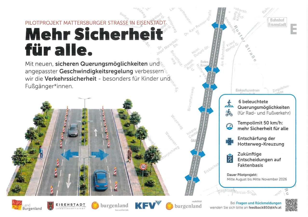 Eine Illustration einer Straße mit Sicherheitsmaßnahmen für Fußgänger und Radfahrer. Die Straße hat Geschwindigkeitsbegrenzungsschilder, Fußgängerüberwege und eine temporäre Geschwindigkeitsbegrenzung. Es gibt auch Schilder, die zukünftige Entscheidungen und die Dauer eines Pilotprojekts anzeigen.