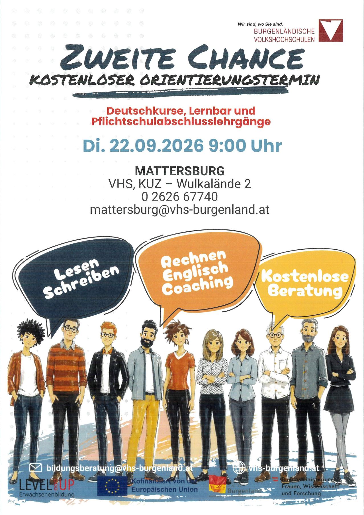 Plakat für einen kostenlosen Orientierungstermin in Mattersburg mit Deutschkursen, Lernbar und Pflichtschulabschlusslehrgänge. Das Event ist für den 22.09.2026 um 9:00 Uhr geplant. Kontaktinformationen sind angegeben.