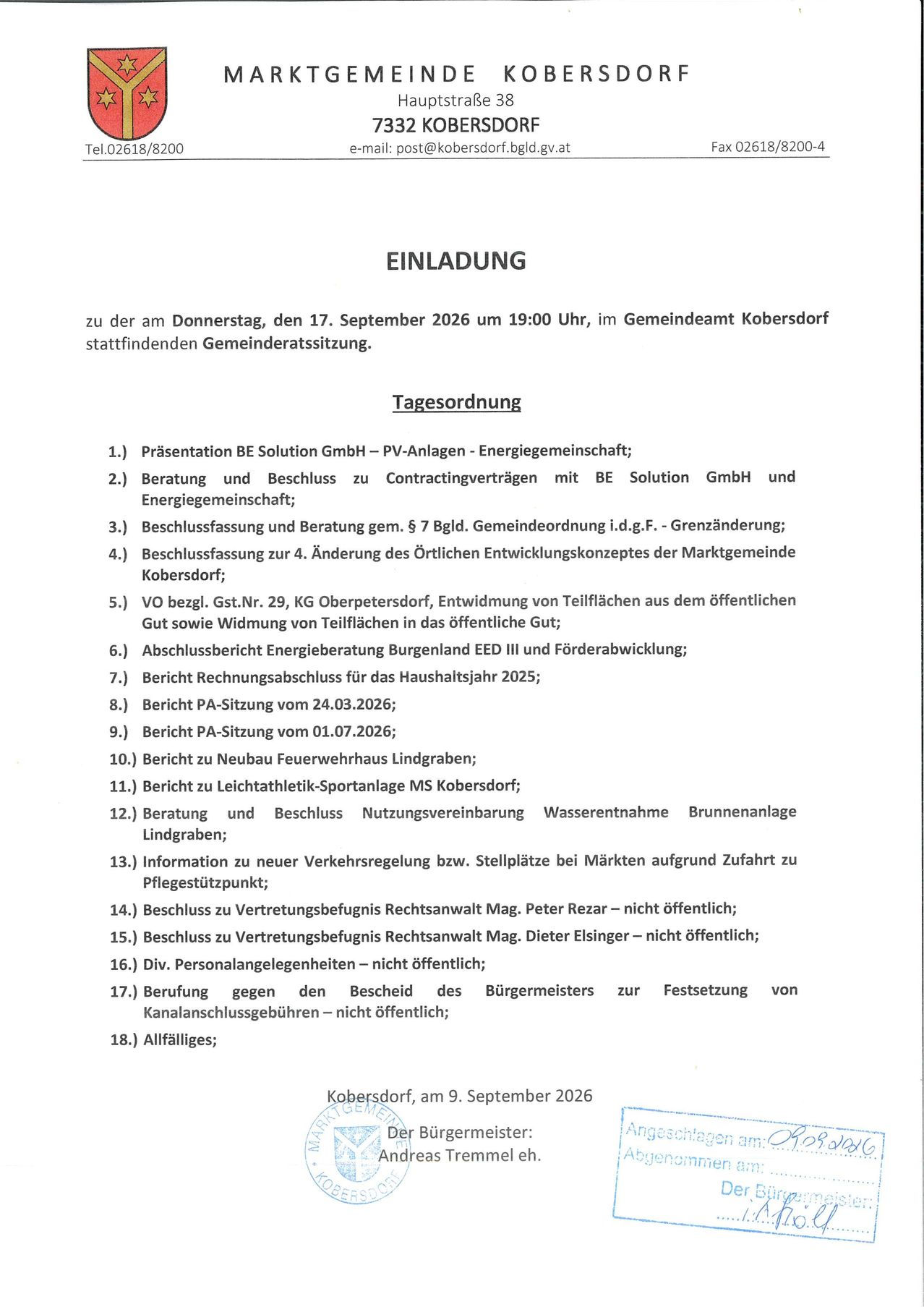 Ein Dokument mit dem Titel 'EINLADUNG' lädt zu einer Gemeinderatssitzung am Donnerstag, den 17. September 2026 um 19:00 Uhr im Gemeindeamt Koersdorf ein. Die Tagesordnung umfasst Präsentationen, Beratungen und Beschlüsse zu verschiedenen Themen wie Energiegesellschaften, Verträgen und Entwicklungskonzepten.