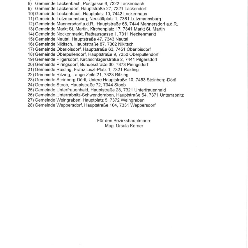 Ein Dokument, das verschiedene Gemeinden und deren Adressen auflistet, einschließlich Lackenbach, Lackendorf, Lockenhaus usw. Die Liste schließt mit einer Anmerkung an Mag. Ursula Korner.