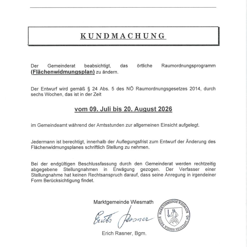 Amtliche Bekanntmachung der Gemeinde Wiesmath über geplante Änderungen im Flächennutzungsplan. Der Entwurf ist vom 9. Juli bis 20. August 2026 zur Einsicht öffentlich ausgelegt.