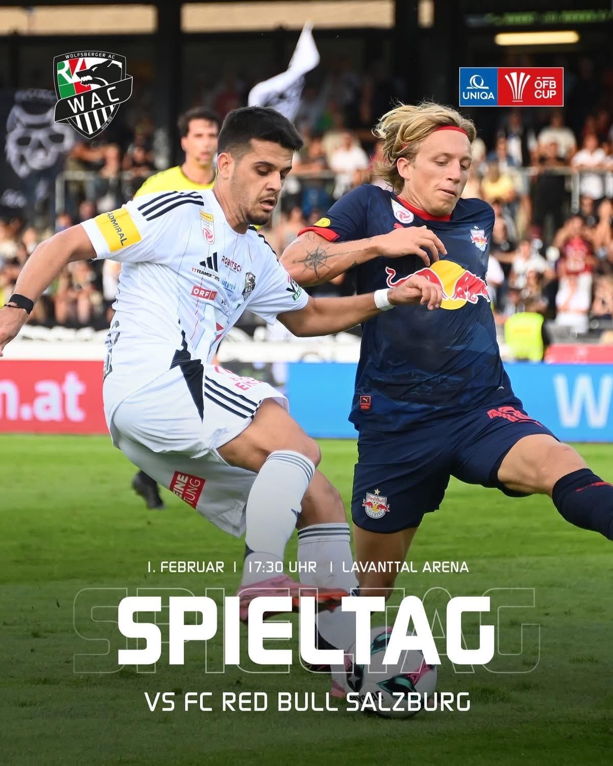 Zwei Fußballspieler sind auf dem Feld in Aktion. Sie tragen Trikots mit verschiedenen Sponsorenlogos. Der Spieler in Blau hat ein rotes Bullenlogo auf seinem Trikot. Hinter ihnen sieht eine Menge das Spiel.