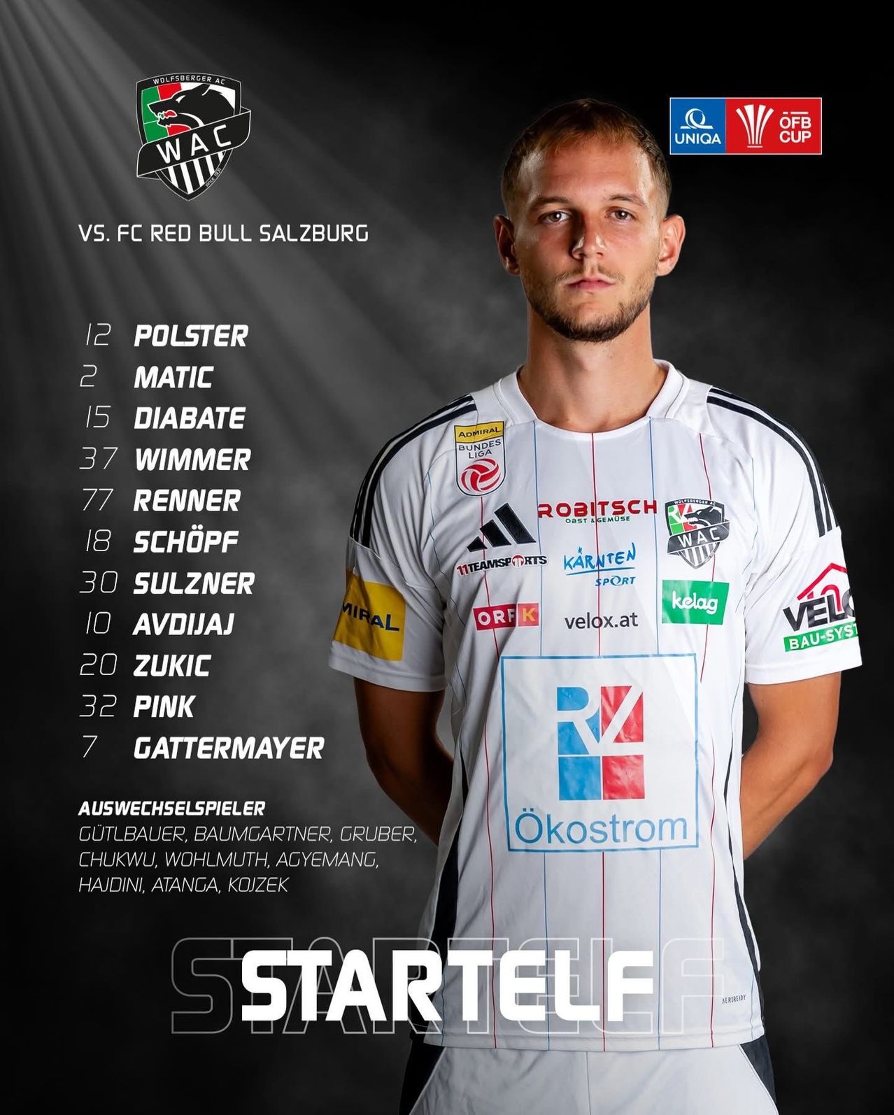 Ein Fußballspieler posiert für ein Foto in einem weißen Trikot mit verschiedenen Logos. Zahlen und Namen sind neben ihm angezeigt. Das Trikot hat die Nummer 12 und den Namen Polster.