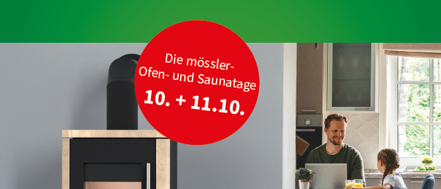 Eine Werbung für die Mösler Offen- und Saunatage am 10. und 11. Oktober. Es zeigt einen Kamin, eine Familie, die einen Laptop benutzt, und einen QR-Code. Die Marke verspricht den besten Rat.