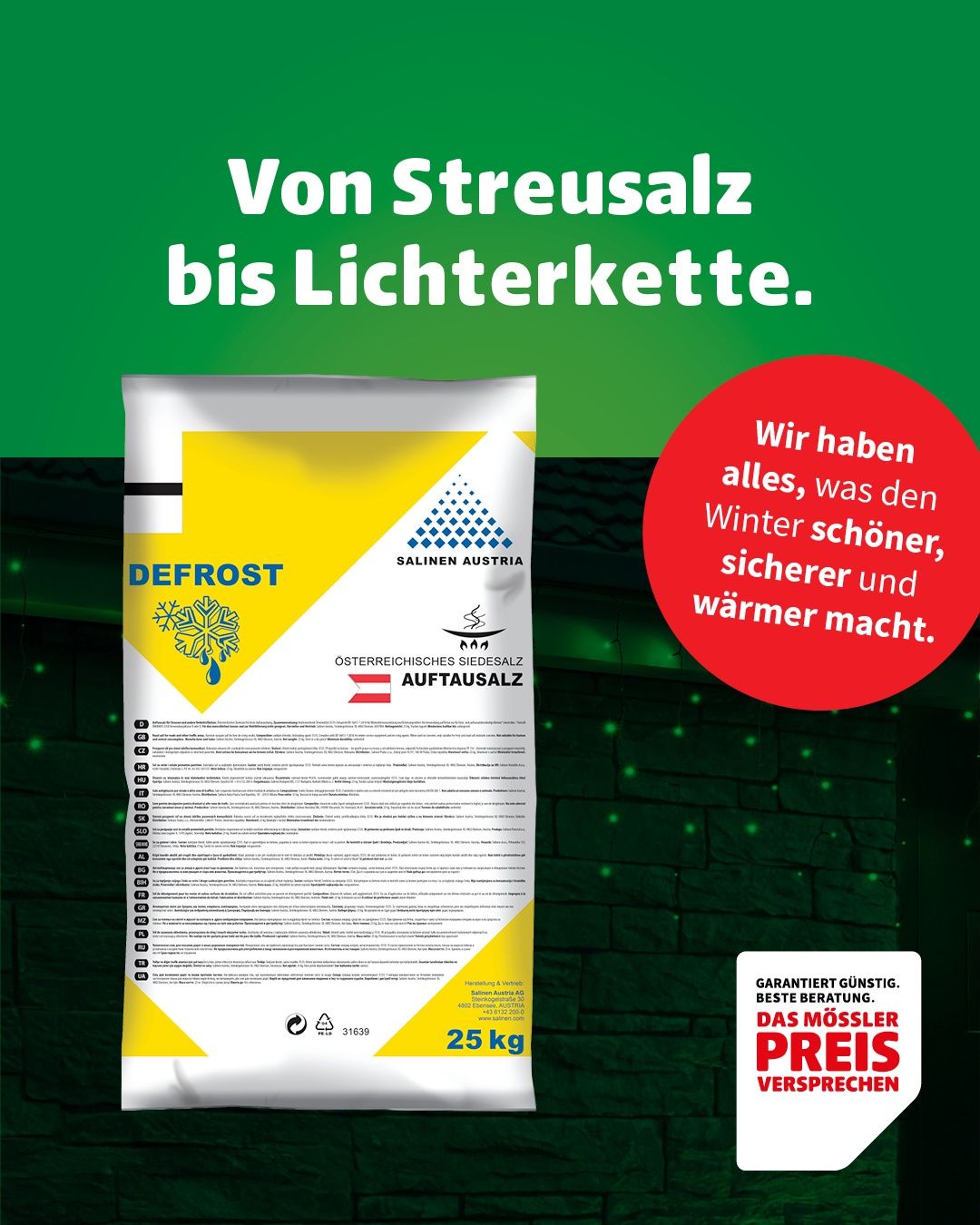 Eine Werbung für 'Defrost' Salz mit grünem Hintergrund. Es enthält Text auf Deutsch, ein Logo und eine Produktbeschreibung. Das Produkt verspricht, den Winter sicherer und wärmer zu machen.