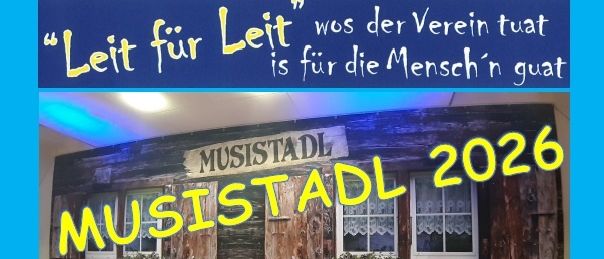 Werbeposter für 'Musik für das Leben' im Jahr 2026. Es zeigt ein Haus mit dem Text 'Musik für das Leben ist gut für die Menschen'. Es enthält Termine und Uhrzeiten für Veranstaltungen im Februar 2026. Der Eintritt beträgt 10€. Ticket-Hotline-Nummer wird angegeben.