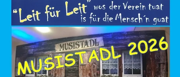 Plakat für 'Musik in Mitterdorf 2026'. Zeigt ein Haus mit einem Schild. Zeitpläne für den 6., 7., 8., 13. und 14. Februar 2026. Eintrittspreis und Kontaktinformationen angegeben.