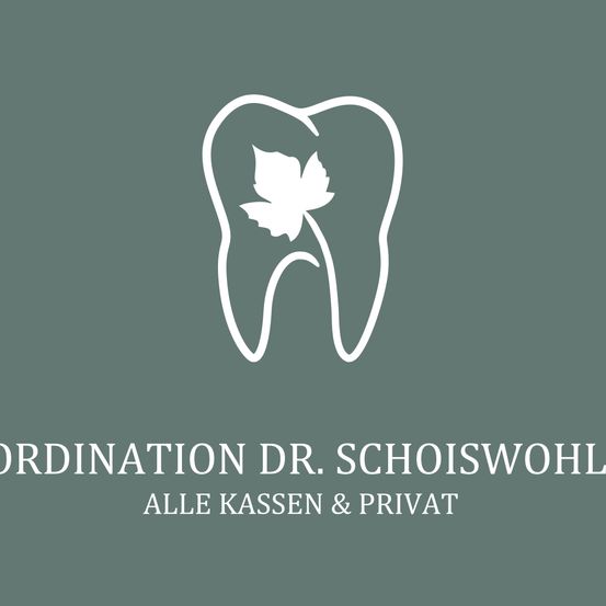 Ein Logo für Koordination Dr. Schoiswohl, das einen stilisierten Zahn mit einem Blatt darin zeigt. Unten steht der Text 'ALLE KASSEN & PRIVAT'.