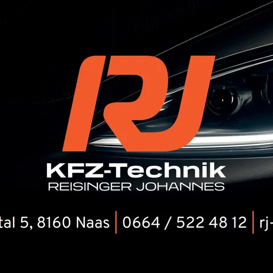 RJ KFZ-Technik Reisinger Johannes Logo mit Kontaktdaten, einschließlich Telefonnummer und Postanschrift.