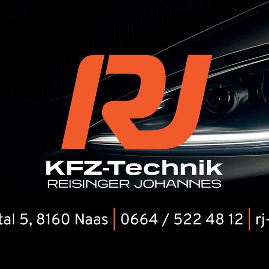 RJ KFZ-Technik Reisinger Johannes Logo mit Kontaktdaten, einschließlich Telefonnummer und Postanschrift.