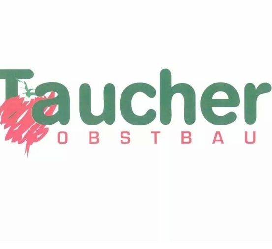 Das Logo für Taucher Obstbau, mit einem roten Apfel und grünem Text auf weißem Hintergrund.