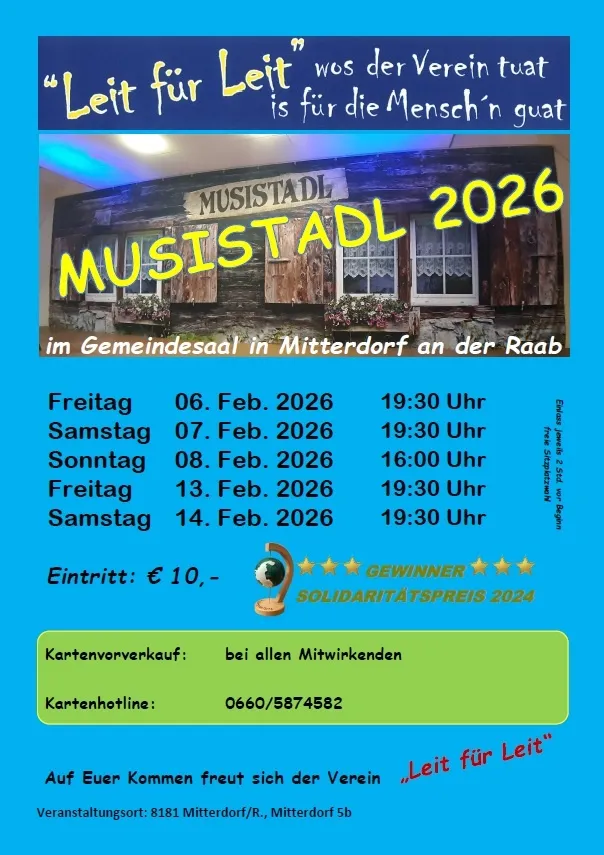 Plakat für 'Musikfestival 2026' im Gemeindesaal in Mitterdorf an der Raab. Termine am Freitag, Samstag, Sonntag und weiteren Freitag, Samstag. Eintritt 10 Euro. Solidaritatspreis 2024. Kartenverkauf bei allen Mitwirkenden. Hotline-Nummer 0660/5874582.