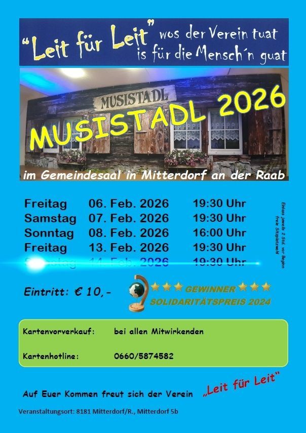 Plakat für Musistadl 2026 im Gemeindesaal in Mitterdorf an der Raab. Veranstaltungstermine und Uhrzeiten sind aufgeführt, und Ticketinformationen werden bereitgestellt. Der Eintrittspreis beträgt 10 Euro.