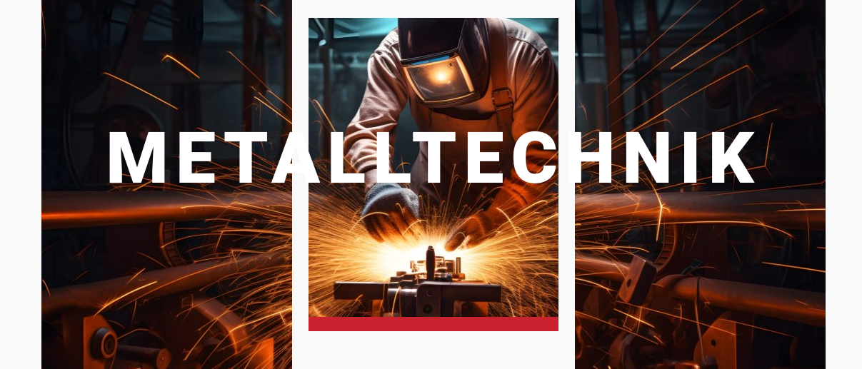 Ein Arbeiter in einer Metallwerkstatt schweißt Metall, umgeben von Funken. Der Text lautet 'METALTECHNIK FOLLERER - Ihr Meister in Sachen Metalltechnik'.