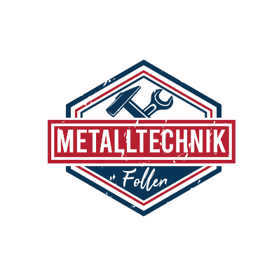 Das Logo für Metalltechnik Follen, mit einem sechseckigen Rahmen, einem Hammer und einer Schraubenschlüssel in der Mitte und dem Namen in fetten Buchstaben.