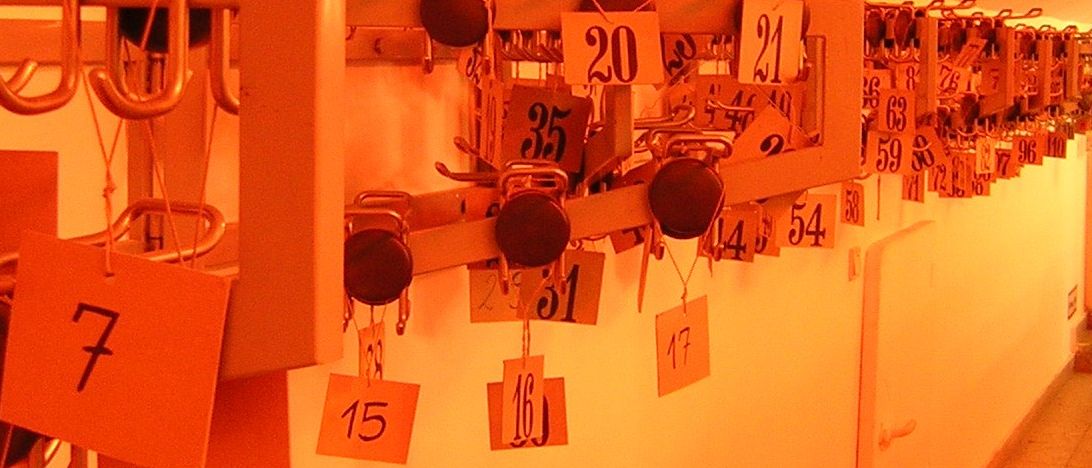 Ein Flur mit nummerierten Etiketten, die an Haken an einer orangefarbenen Wand hängen, die Zahlen reichen von 1 bis 59.