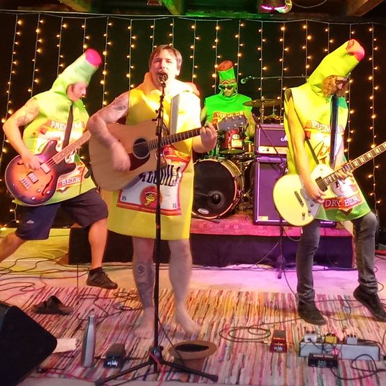 Eine Band spielt auf der Bühne mit einem Banner, das 'SOMMER DER KUNST' über ihnen steht. Die Bandmitglieder sind in bunten Kostümen gekleidet.