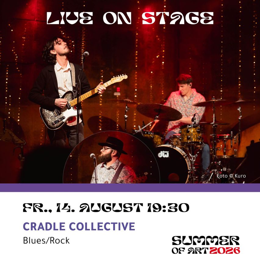 A live performance poster featuring a guitarist and drummer on stage with a red backdrop. The guitarist is playing an electric guitar, and the drummer is playing the drums. The poster also includes the date and time of the event.