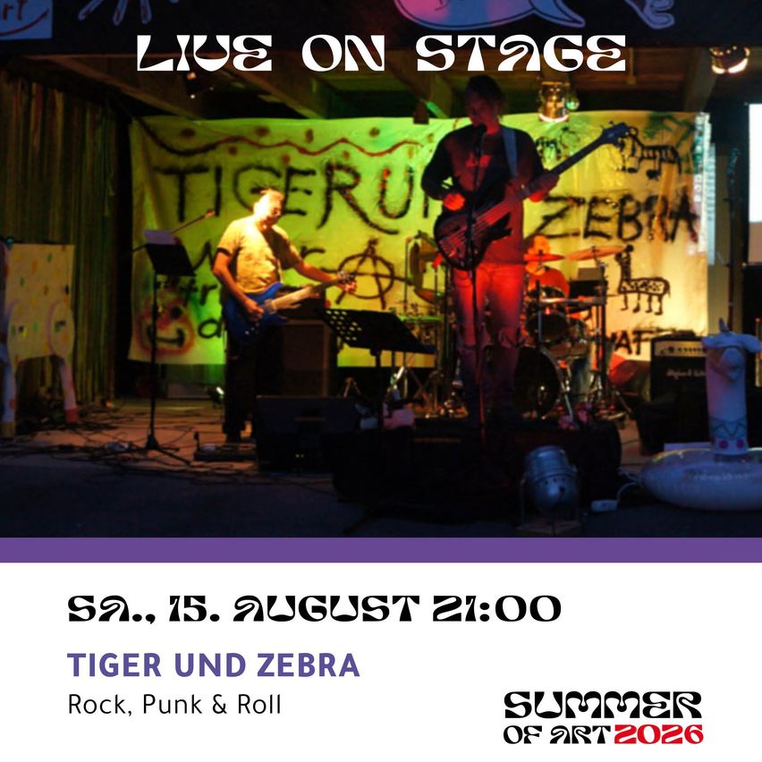 A live music event poster featuring two musicians on stage with guitars. The banner behind them reads 'Tiger Run Zebra'. The event is scheduled for August 15th at 21:00.