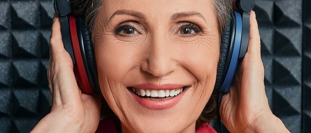 Eine lächelnde ältere Frau mit Kopfhörern, in einem roten Hemd, posiert im Fotostudio. Der Textüberlagerung lautet 'In der König Apotheke & Drogerie Zur Mariahilf'.