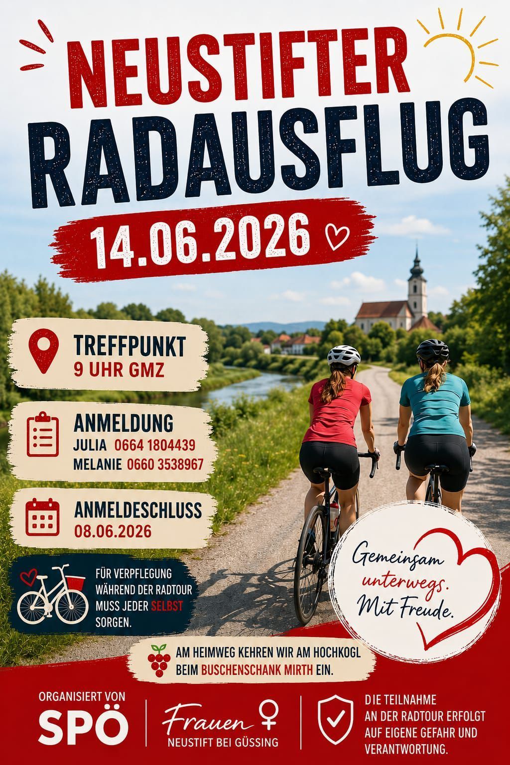 Plakat für die 'Radausflug' Veranstaltung am 14. Juni 2026. Treffpunkt um 9 Uhr, Kontakt zu Julia unter 0664 1804439 oder Melanie unter 0660 3538967. Anmeldeschluss ist der 8. Juni 2026. Radfahrer auf einer malerischen Route.