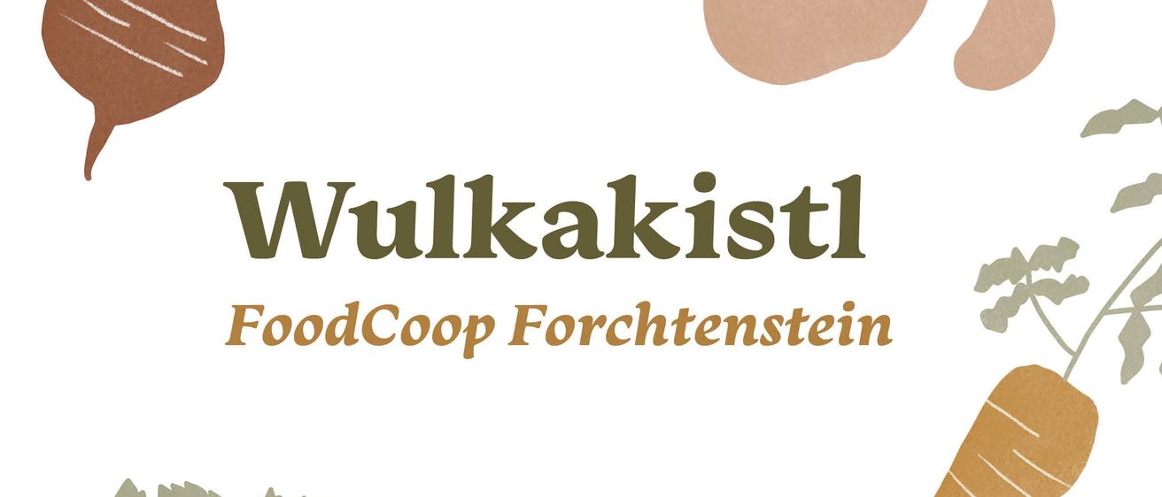 Illustration verschiedener Gemüsesorten, einschließlich Rettich, Zwiebel, Karotte und Petersilie, angeordnet um die Worte 'Wulkakist FoodCoop Forchtenstein'.