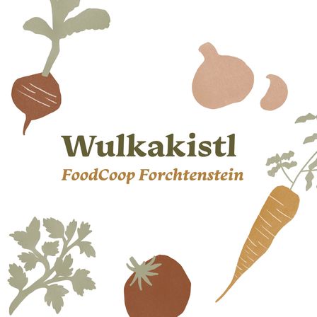 Illustration verschiedener Gemüsesorten wie Karotte, Rübe, Zwiebel und Tomate mit dem Text 'Wulkakist FoodCooop Forchtenstein' in der Mitte.