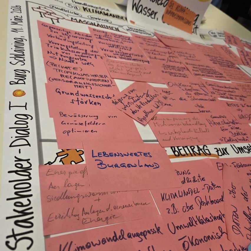 Ein Workshop-Board mit vielen rosa Haftnotizen, einige Texte sind auf Deutsch und das Board ist mit 'Stakeholder-Dialog' beschriftet. Wörter wie 'Klima', 'Wasser' und 'Beitrag' sind sichtbar.