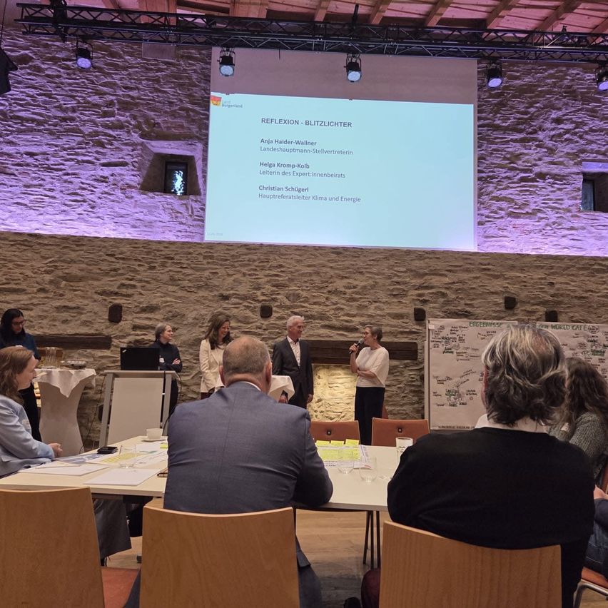 Eine Gruppe von Menschen ist in einem Konferenzraum versammelt. Eine Frau steht vorne und hält eine Präsentation mit Hilfe einer Projektionsleinwand. Ein Whiteboard ist im Hintergrund sichtbar.