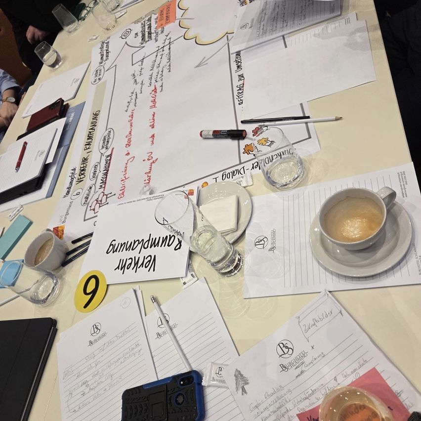 Ein Konferenztisch zeigt ein Whiteboard mit verschiedenen Notizen, einer Tasse Kaffee, einem Stift und diversen Büromaterialien. Papiere mit handgeschriebenem Text und Diagrammen sind auf dem Tisch verstreut.