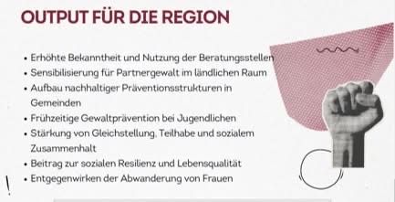 Ein Plakat mit einem Faustbild und einer Liste von Zielen, einschließlich erhöhter Sensibilisierung, Sensibilisierung für häusliche Gewalt, Präventionsstrukturen in Gemeinden, frühzeitige Intervention bei Jugendlichen, Stärkung der Gleichstellung, Teilhabe und sozialen Kohäsion sowie Beiträge zur sozialen Resilienz und Lebensqualität.