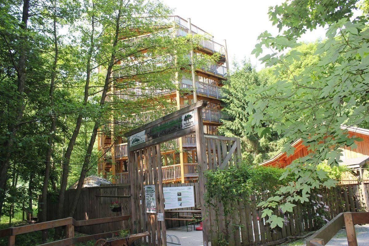 A tall wooden tower with multiple balconies and a wooden gate in a forest area.