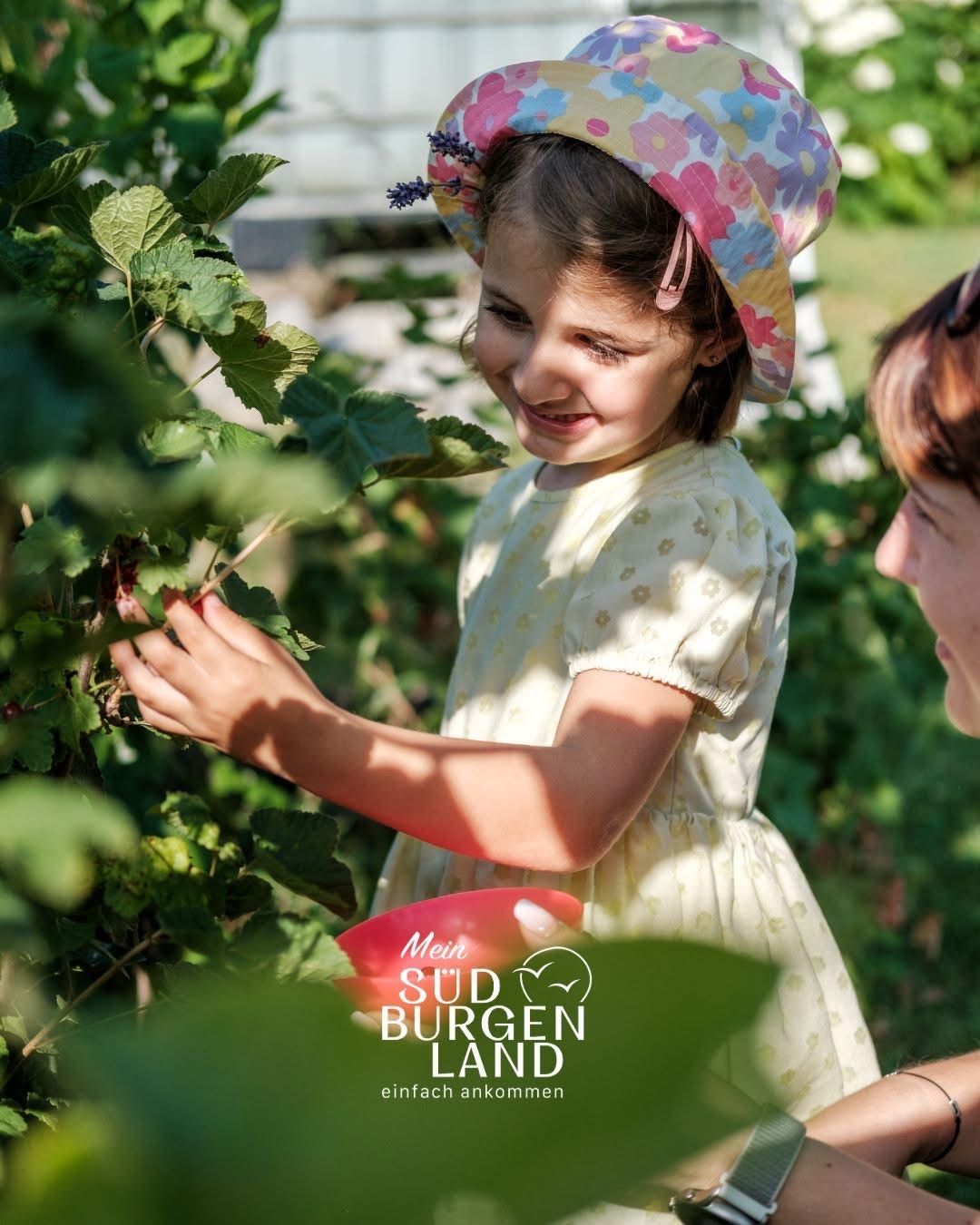 A young girl in a garden is picking fruits from a plant, smiling, while another woman looks on. The image features the words 'Mein Sudburgen Land'.