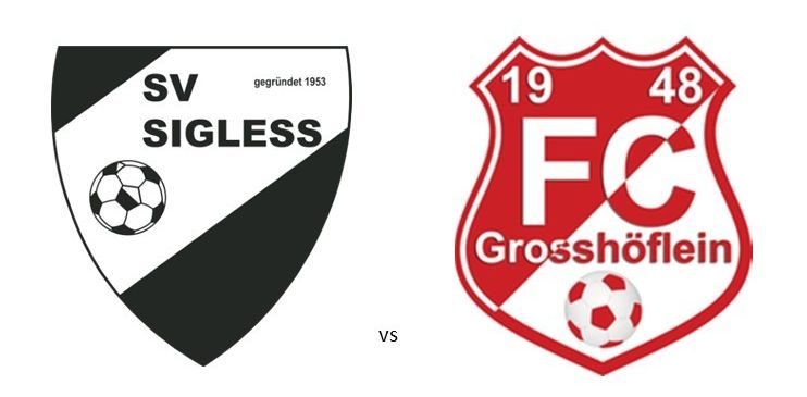 Ankündigung für ein Fußballspiel zwischen SV Sigless und FC Grosshoflein am 15. August, Beginn um 17:30 und 19:30 Uhr.