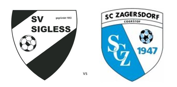 Werbeplakat für ein bevorstehendes Fußballspiel zwischen SV Sigless und SC Zagersdorf, geplant für Freitag um 17:30/19:30. Die Teamlogos sind abgebildet.