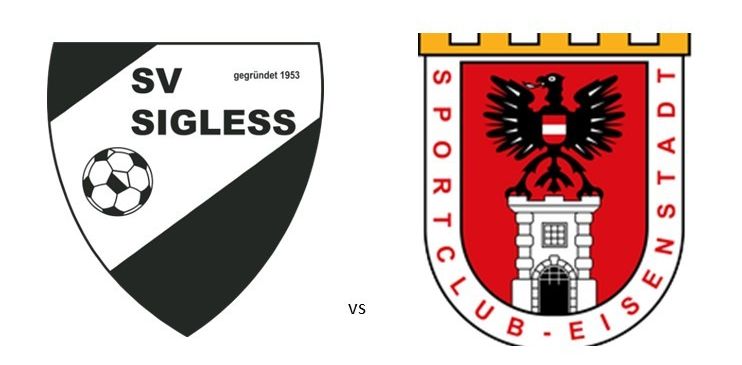 Auf einem weißen Hintergrund sind zwei Teamlogos zu sehen. Das linke Logo ist von SV Sigless, gegründet 1953, mit einem schwarzen Schild und einem Fußball. Das rechte Logo ist von SC Eisenstadt, mit einem roten Schild mit einem Adler und einem Turm. Das Spiel ist am Freitag, 19. September, von 17:30 Uhr bis 19:30 Uhr.