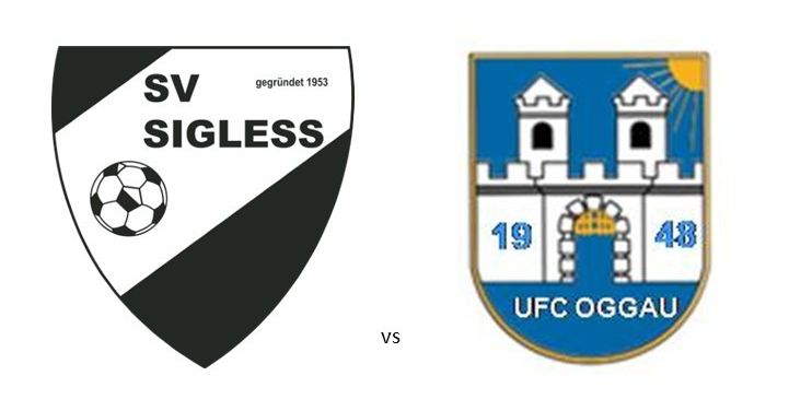 Das Bild zeigt eine Fußballspiel-Ankündigung. Es zeigt das Logo von SV Sigless und UFC Oggau. Das Spiel ist für Freitag, den 3. Oktober angesetzt, beginnend um 17:30 Uhr und 19:30 Uhr.