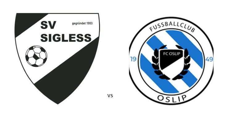 Plakat für ein Fußballspiel zwischen SV Sigless und FC Oslip am 21. März, mit Zeiten um 15:00 Uhr und 17:00 Uhr.