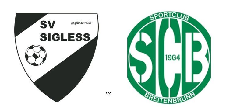 Plakat für ein Fußballspiel zwischen SV Sigless und SC Breitenbrunn, geplant für den 10. April um 17:30 und 19:30 Uhr. Das Logo des SV Sigless ist in Schwarz-Weiß abgebildet.